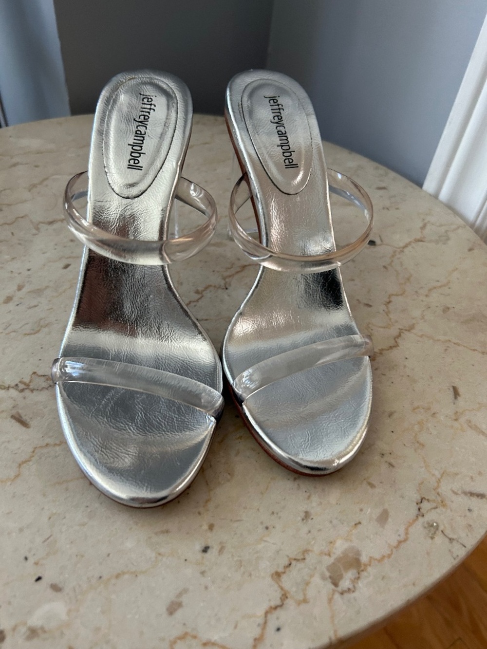 Jeffrey Campbell silver and clear strap mule heels size 8